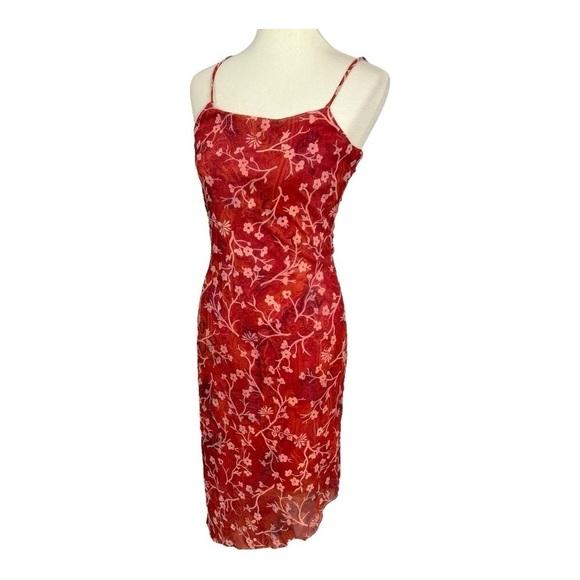 Vintage Y2K Spaghetti Strap Dress Beach Resort Asymmetric Red Ditsy Floral Midi - Picture 3 of 14